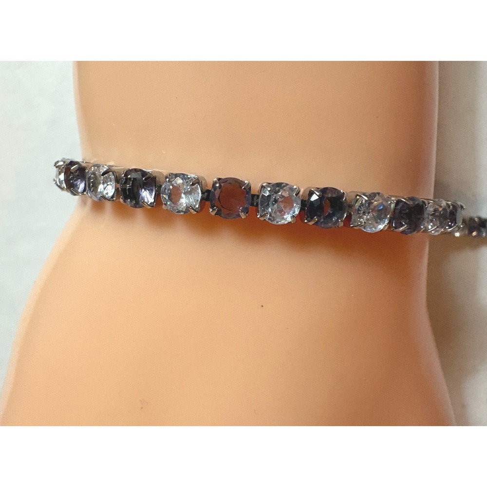 Purple and Clear Cubic Zirconia Silver Tone Tennis Bracelet 7 Inch